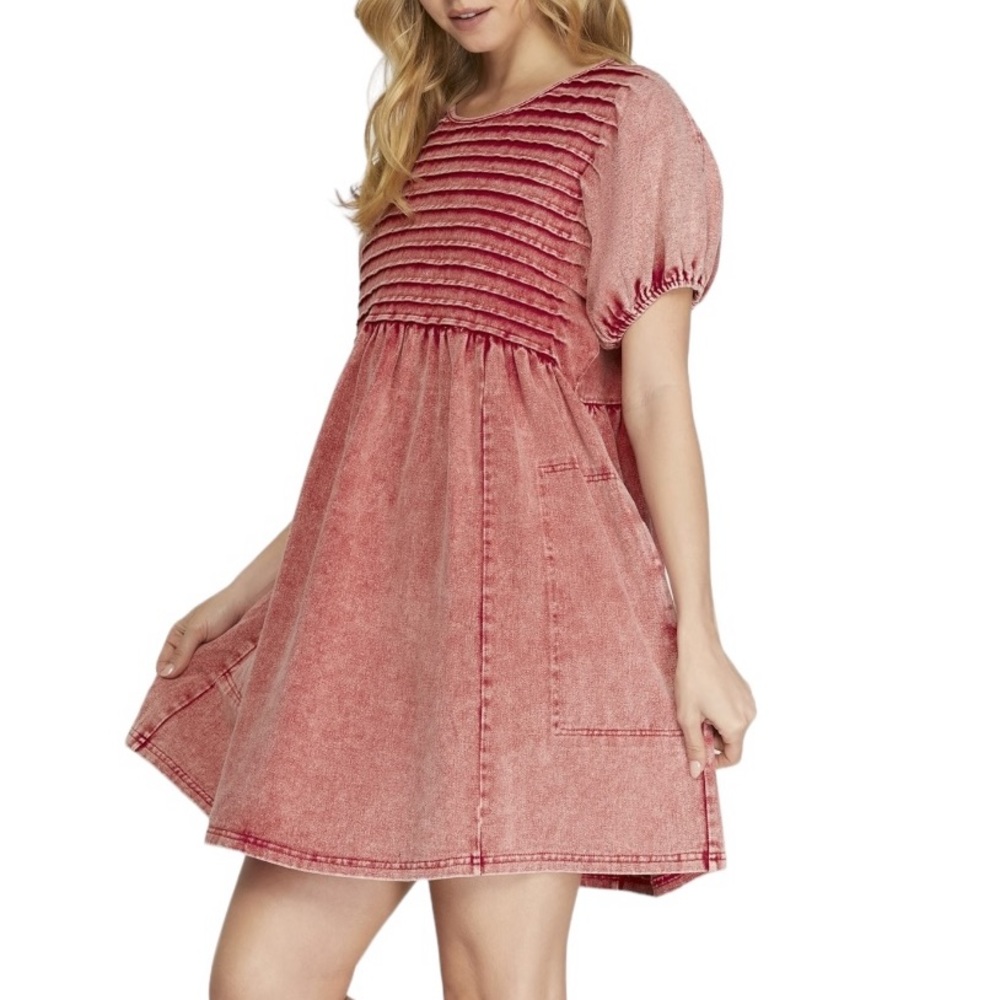 NWT SHE + SKY Mineral Wash Red Denim Pintuck Puff Sleeve Mini with Pockets Sz L - Picture 3 of 6